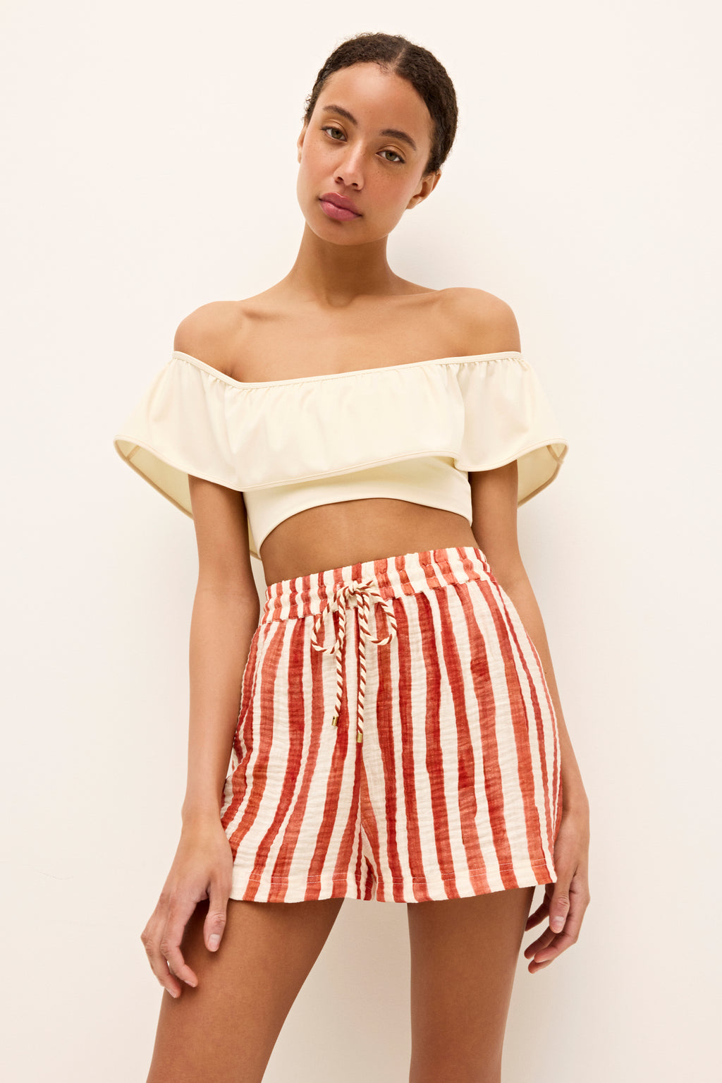 High waisted red and white striped shorts with a drawstring waist