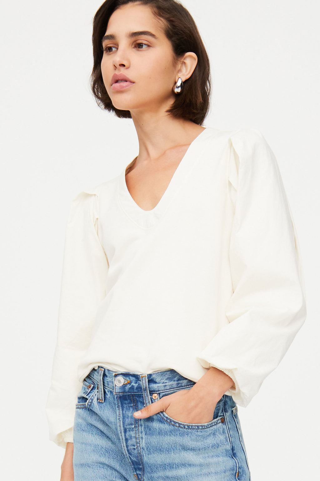 White terry cloth top with cotton cinched long sleeves 