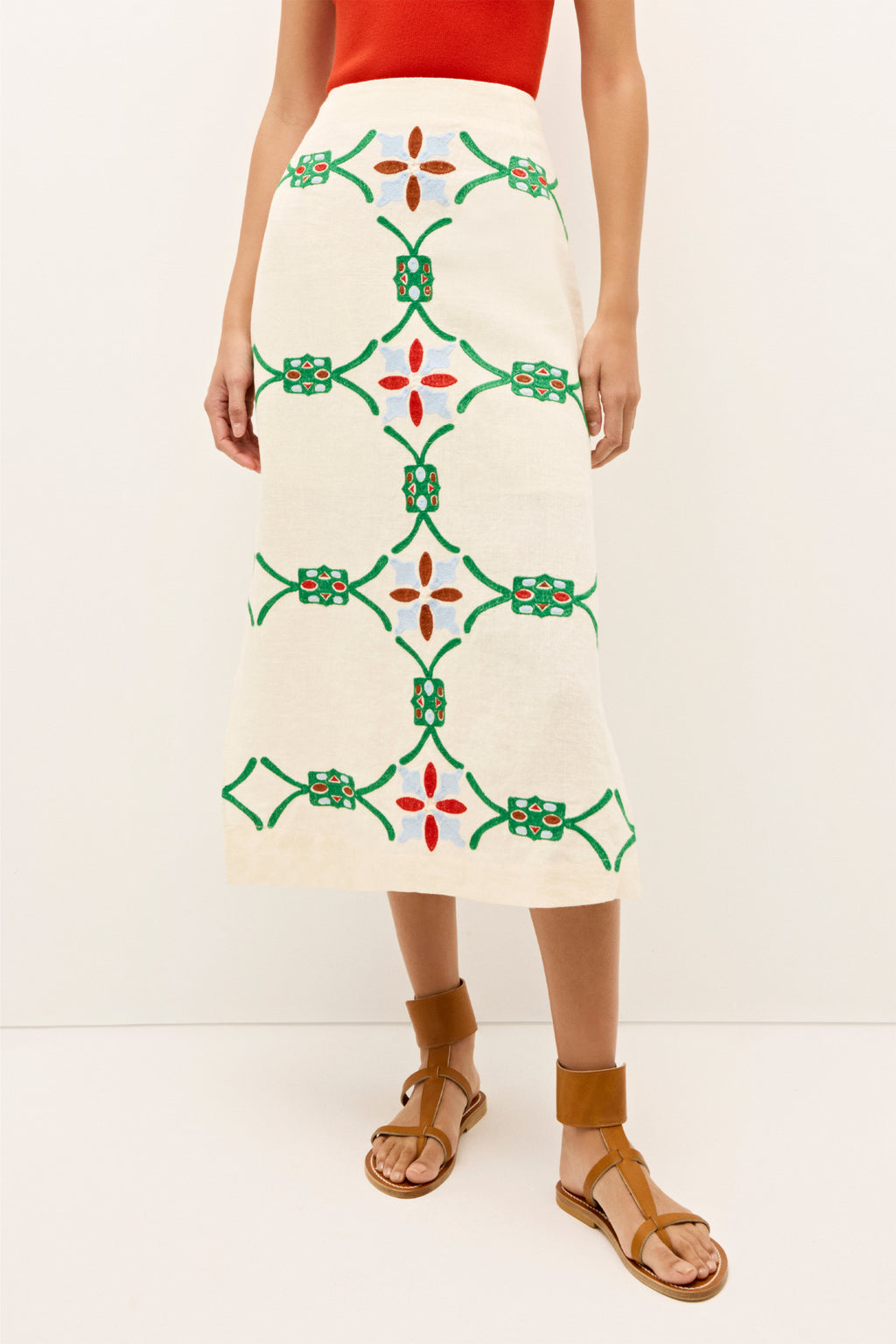 Ivory embroidered skirt with colorful geometric floral patterns and a straight silhouette