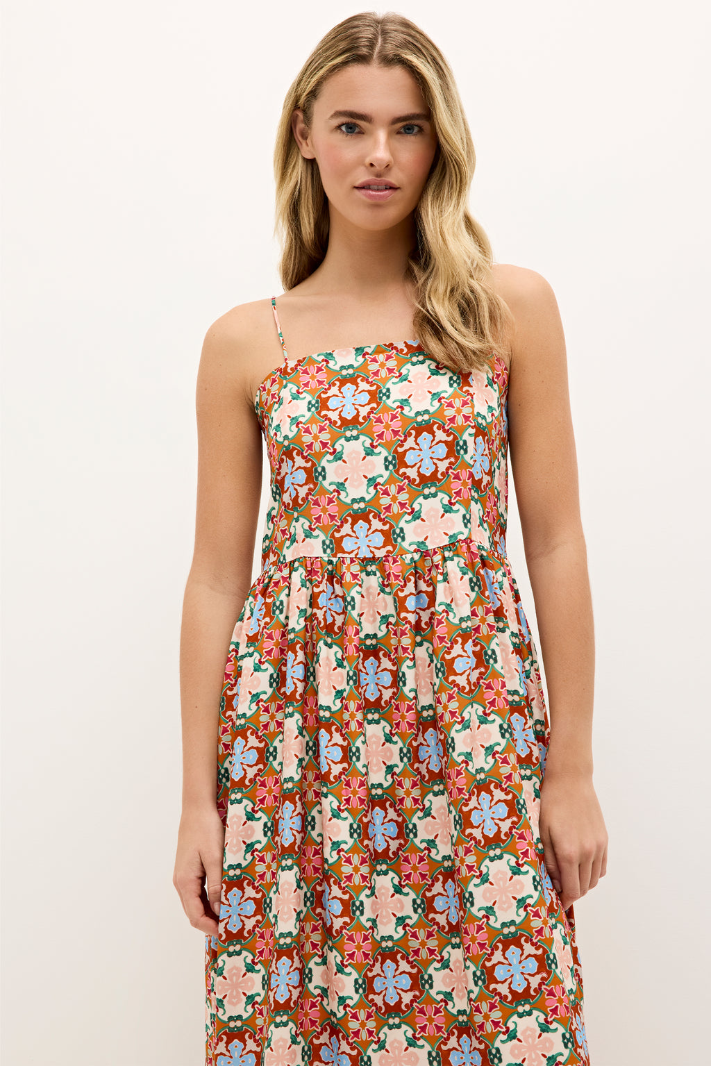 Colorful patterned dress with spaghetti straps