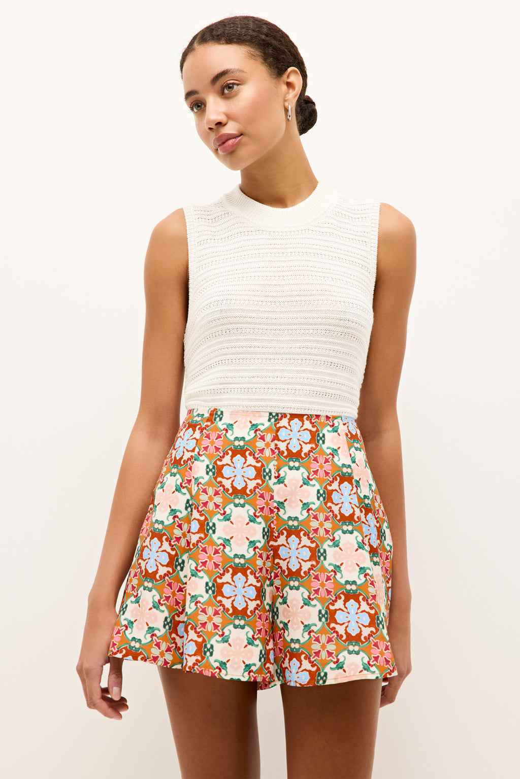 High waisted patterned shorts with a flared silhouette and vibrant colors