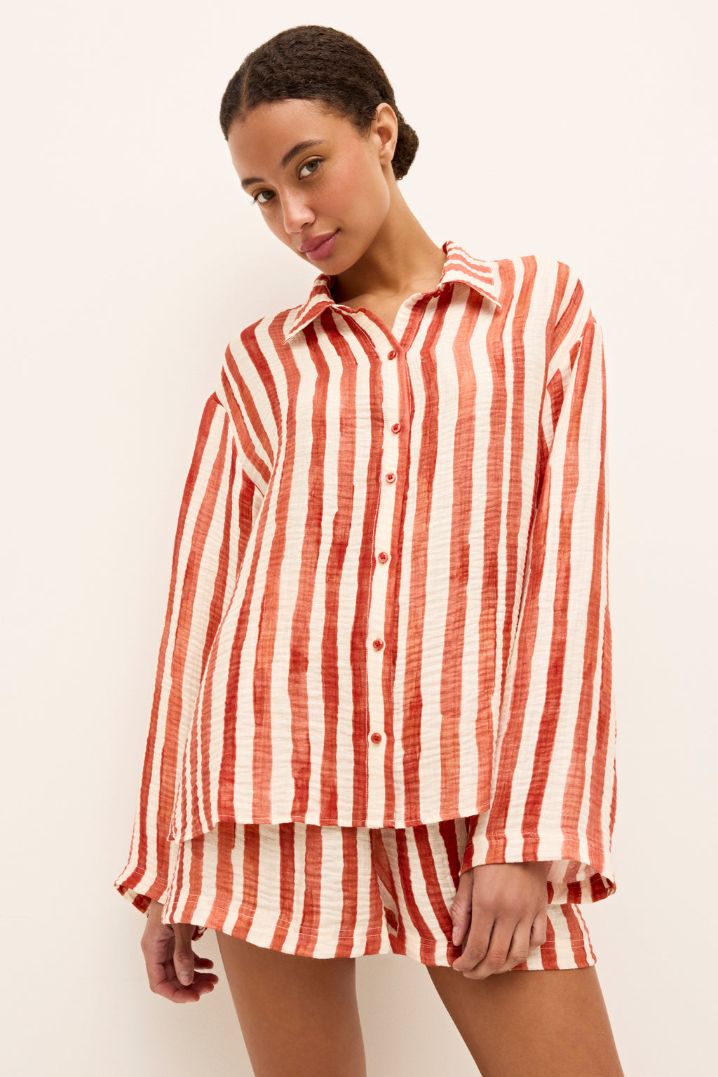 Relaxed fit button down shirt with red and white stripes