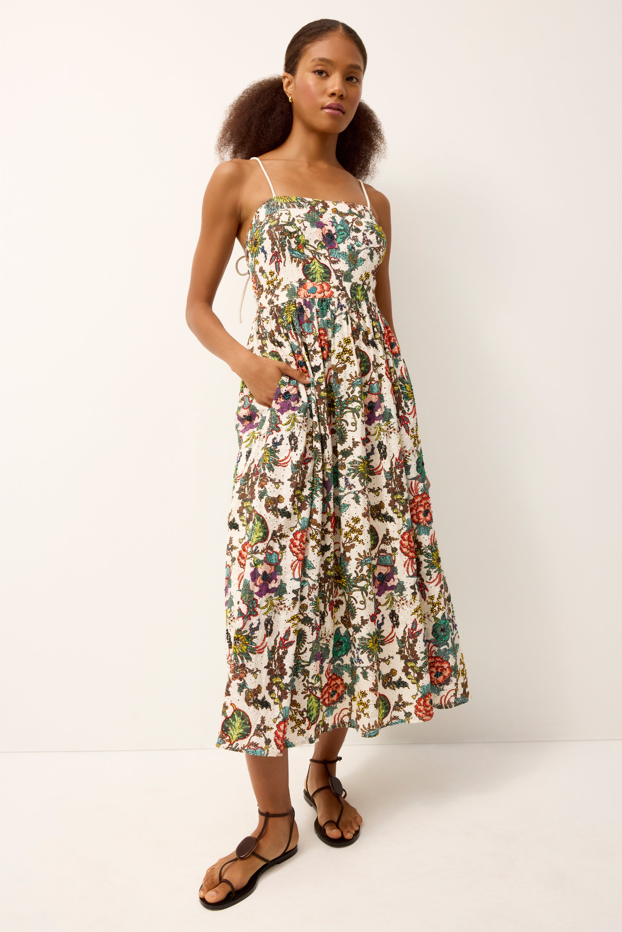 selene embroidered midi dress Plus Size Lace Up Ruched Sleeveless Satin Square Neck, Selene Floral Midi Dress in Brown, Size 2X, For Brunch