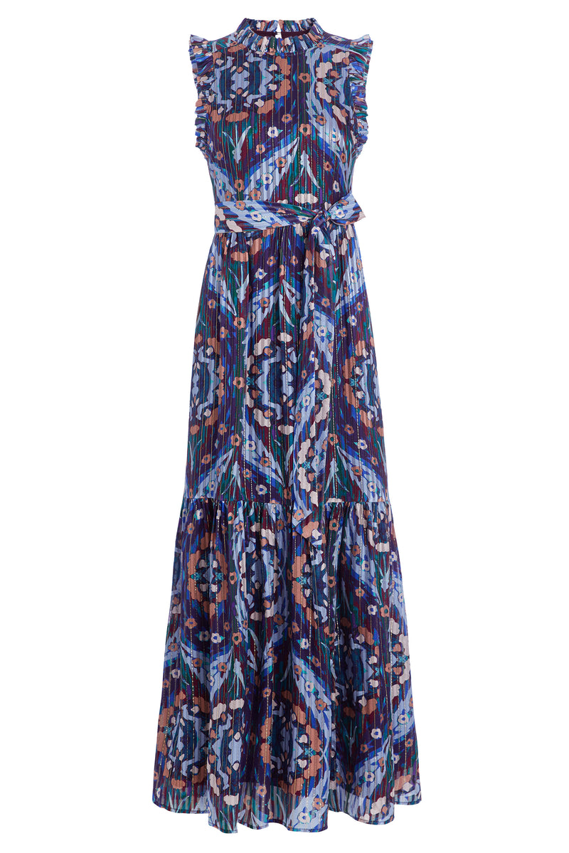 Sleeveless maxi dress with belt in a bold print