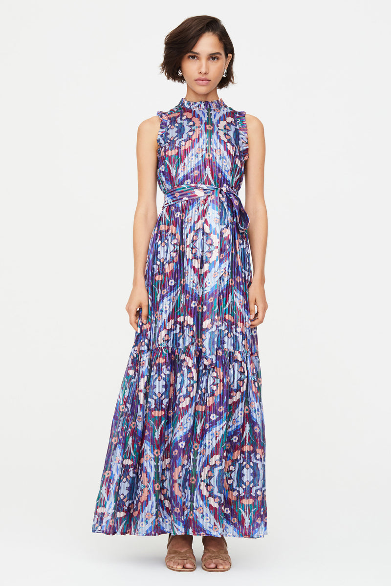 Long sleeveless patterned dress with ruffle trim detail 