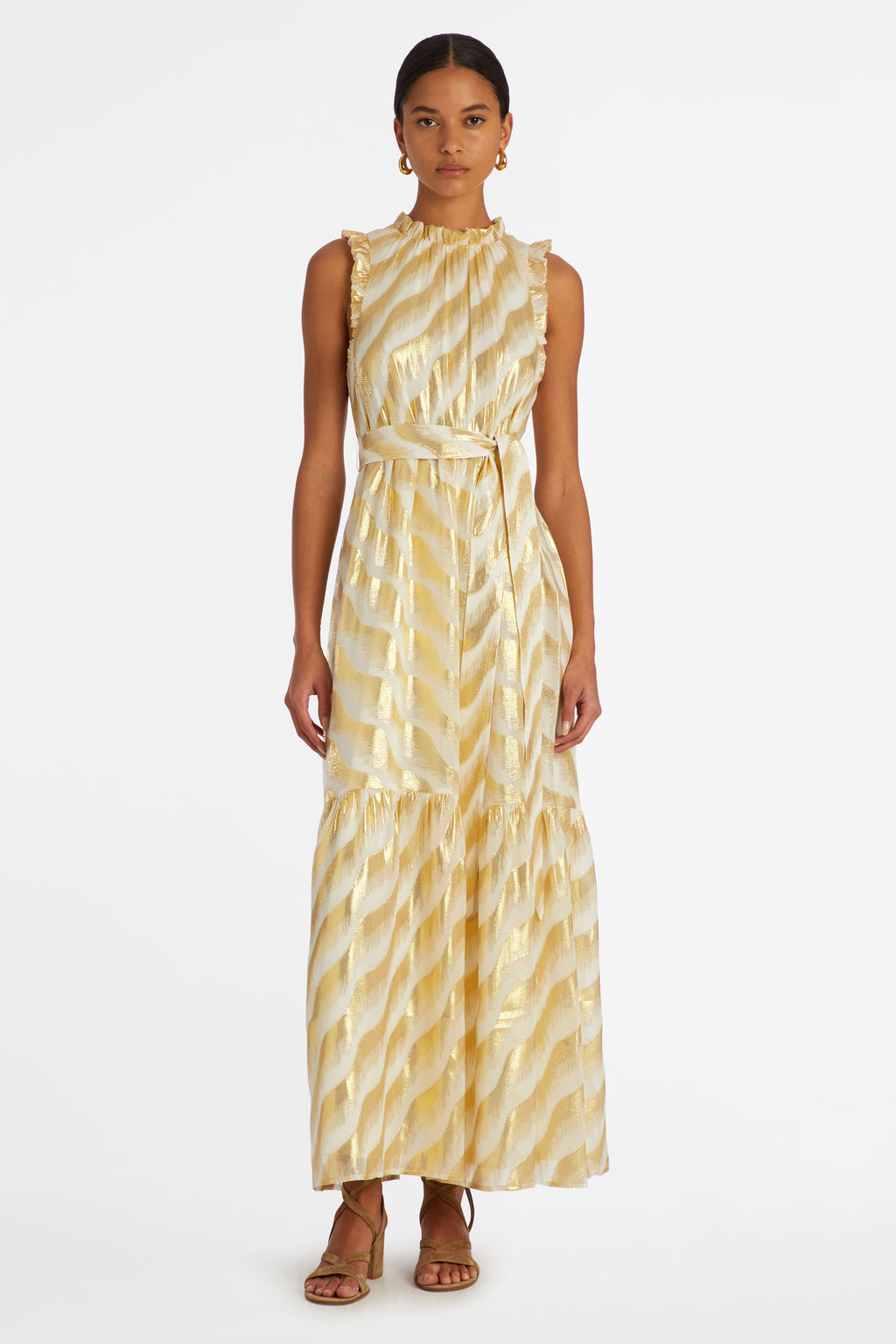 Maxi dress with a high detailed neckline in a gold and white striped print