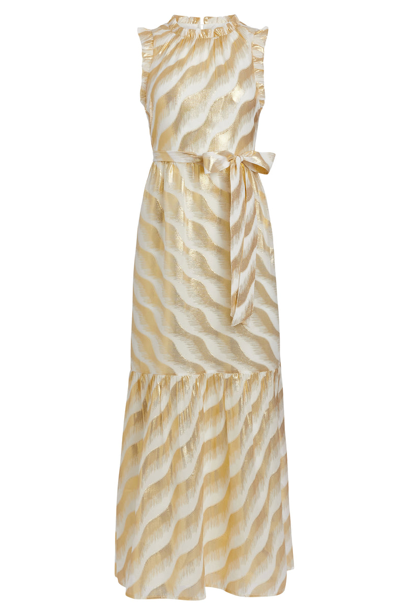 Sleeveless maxi dress with high neckline that is cinched at the waist with a sash belt 