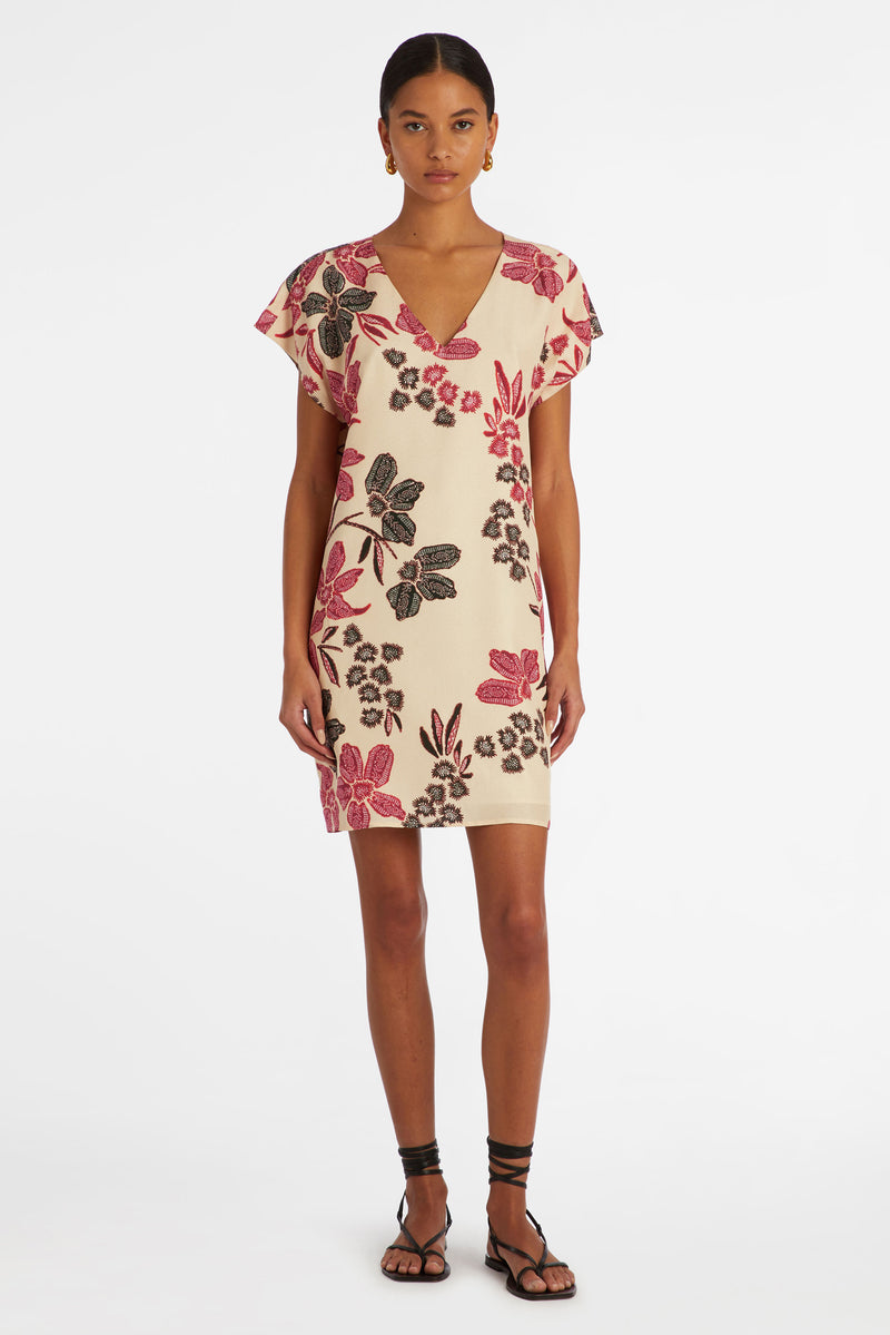 Large brown and pink floral mini dress with a straight silhouette