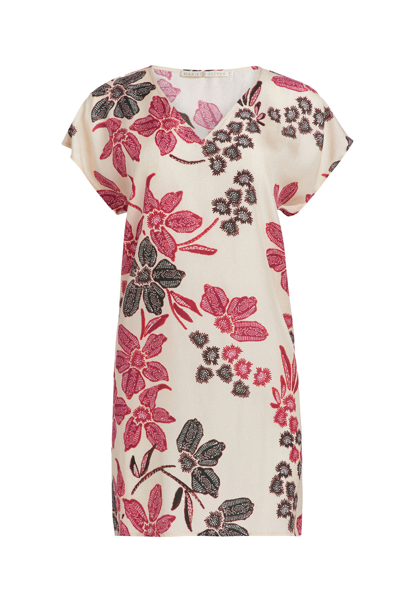Large brown and pink floral mini dress with a straight silhouette