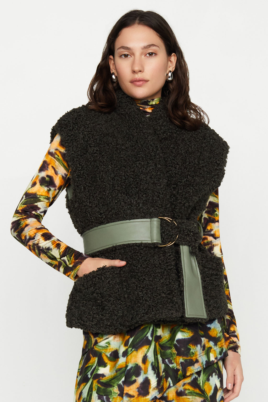 Deep green sherpa vest with faux leather belt 
