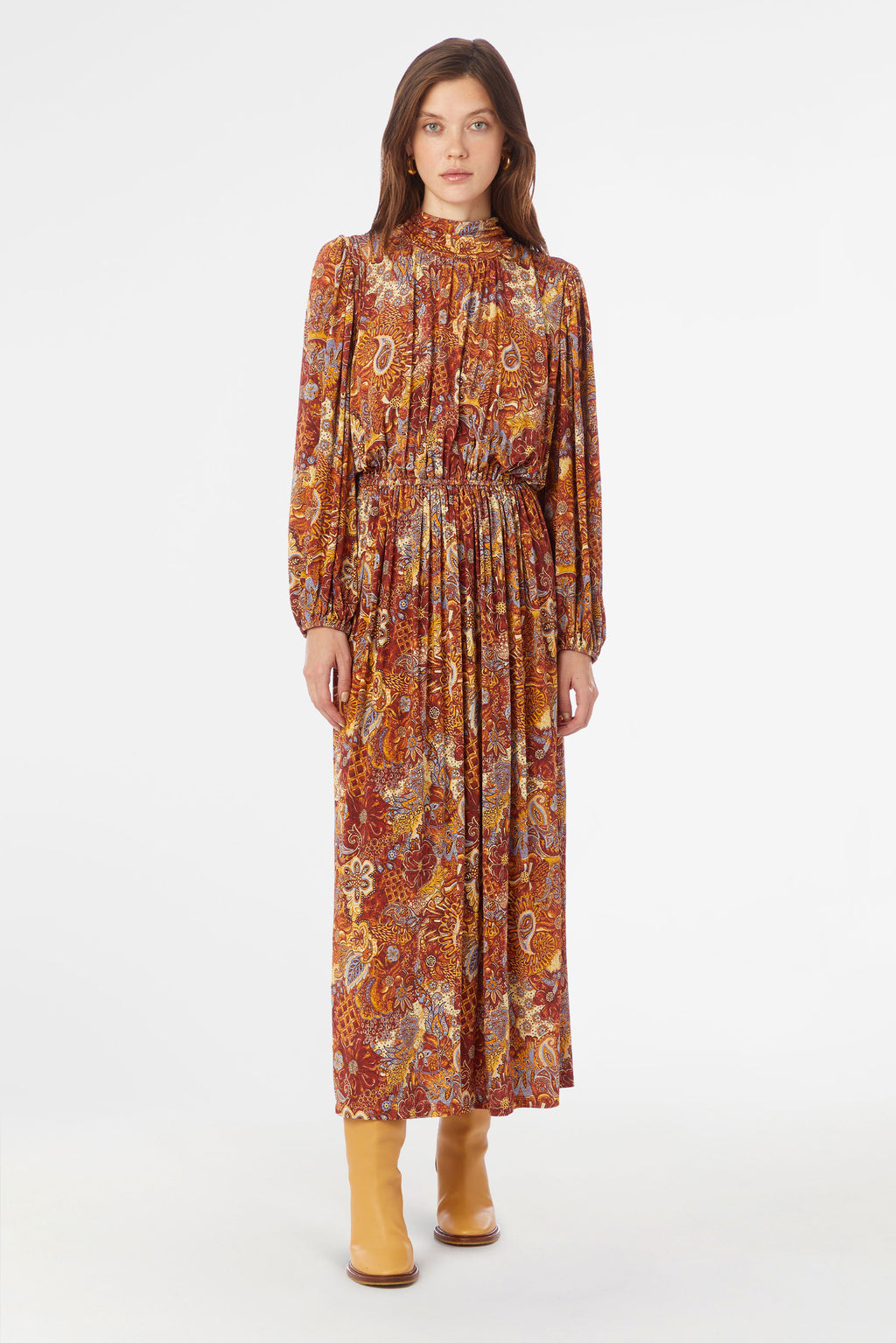 Long sleeve midi dress with a draped turtleneck and elastic waist and cuff