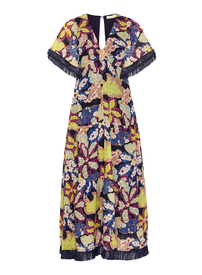 Patterned maxi length dress with v neckline and flare short sleeves 