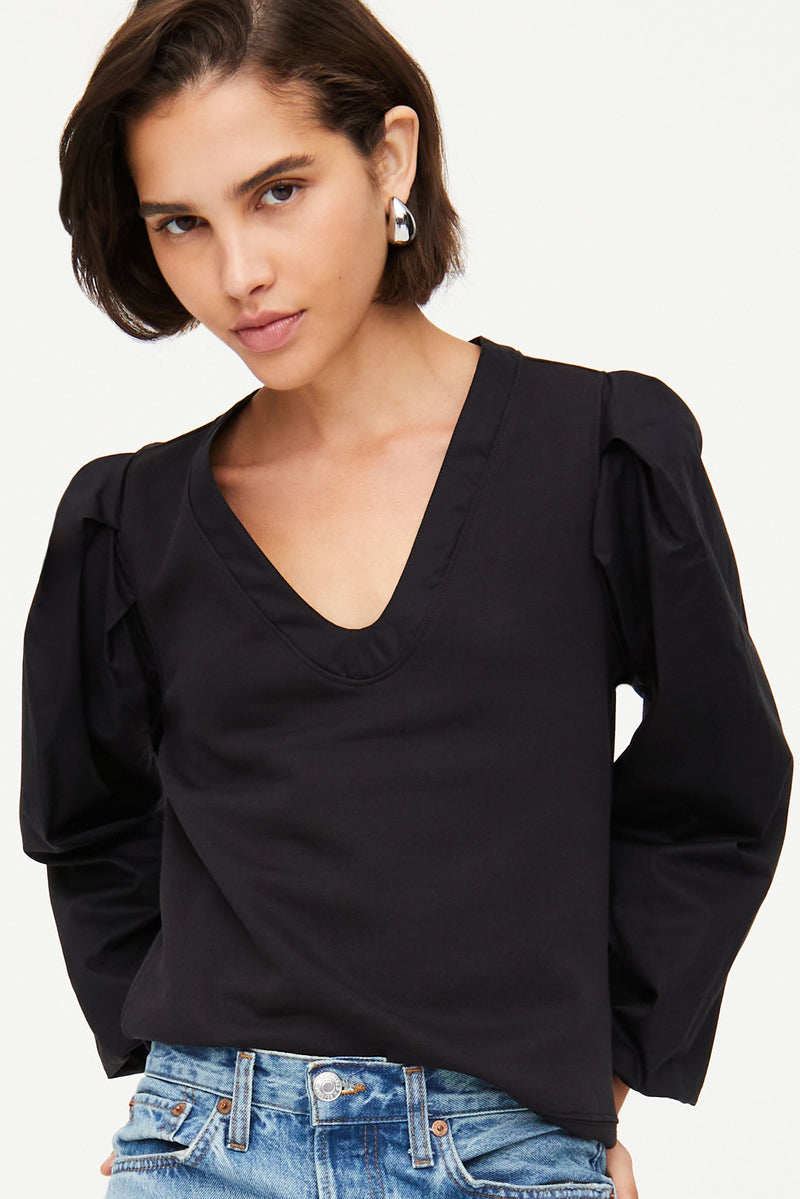 Black terry cloth top with cotton cinched long sleeves 