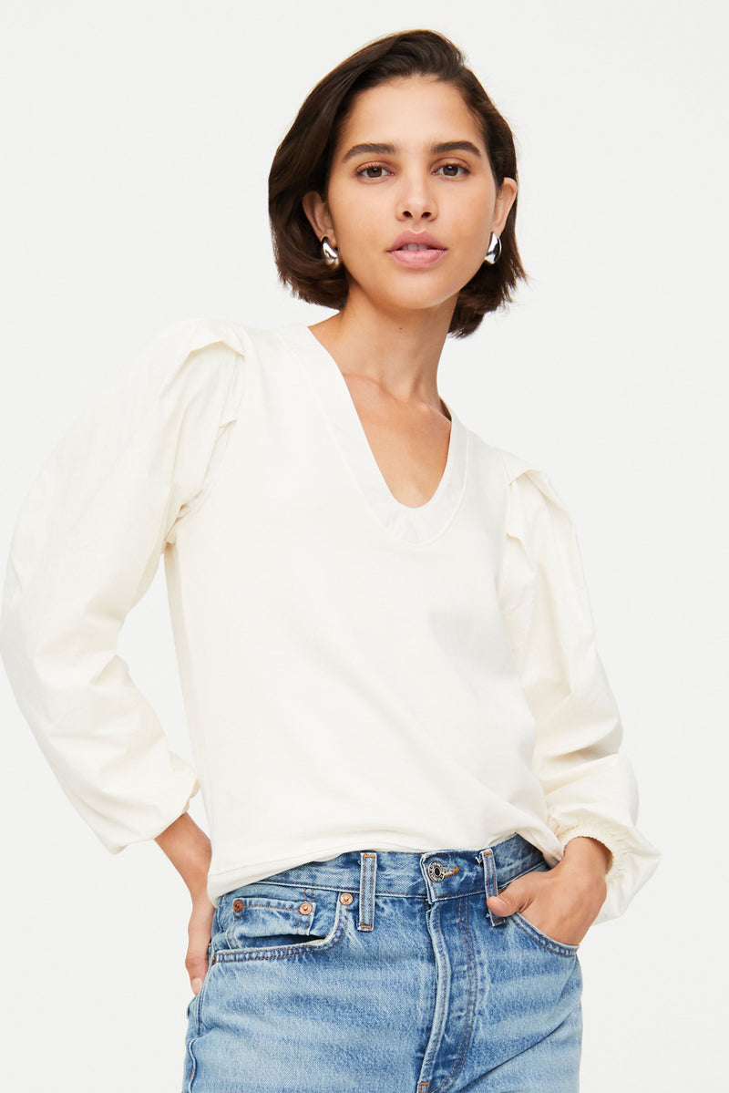 White v-neck sweatshirt top with adjustable tie sleeves