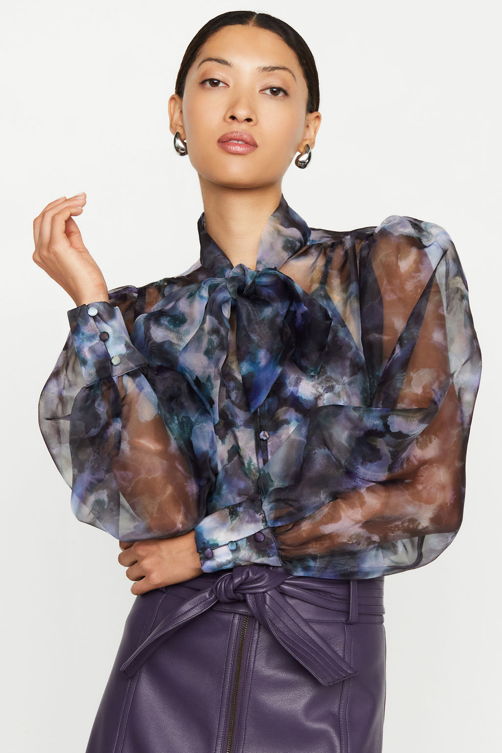 Long sheer sleeve patterned blouse with high neckline 
