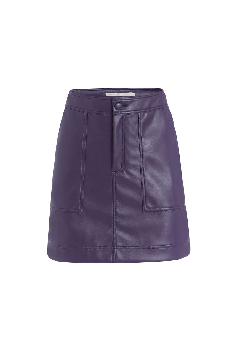 Dark purple solid mini skirt that sits at the natural waist 