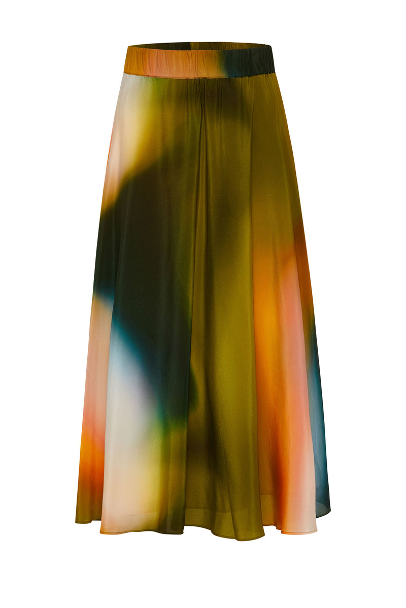 Midi length skirt with orange, green, and pink design 