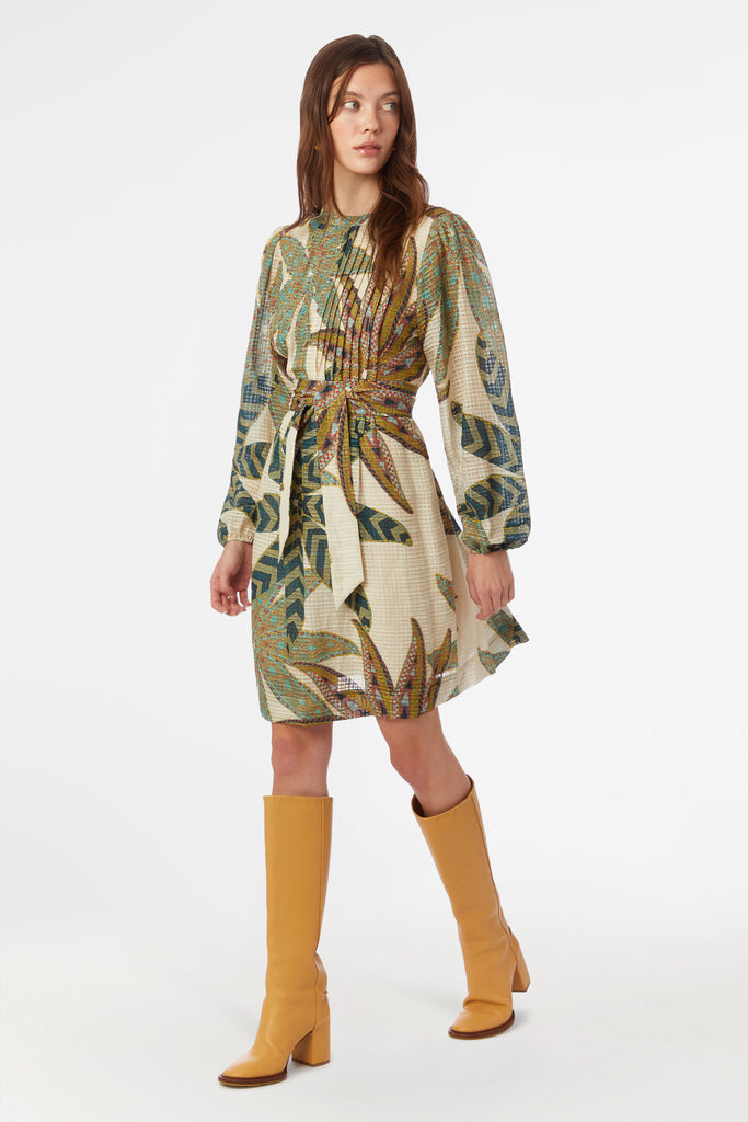Above the knee long sleeve oversized dress with back neck keyhole and tie belt