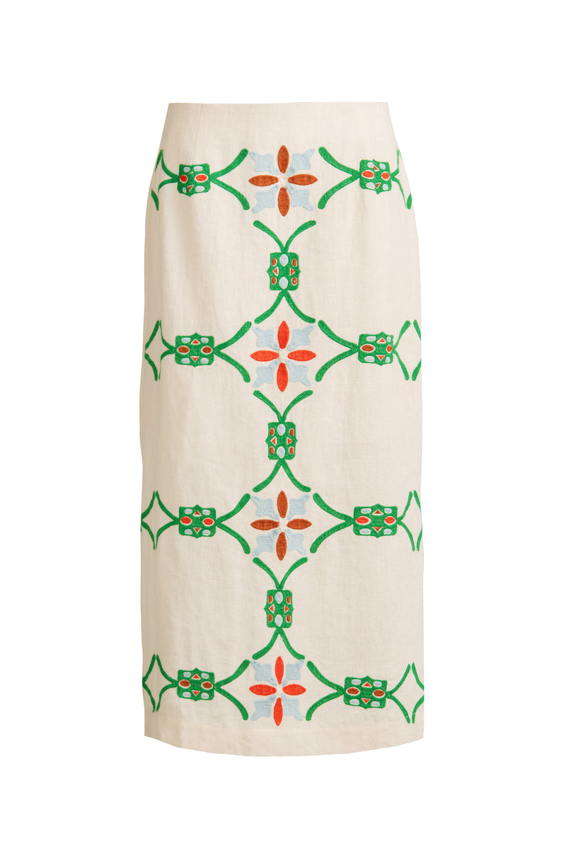 Straight ivory skirt adorned with symmetrical red, green, and blue floral stitch-work 