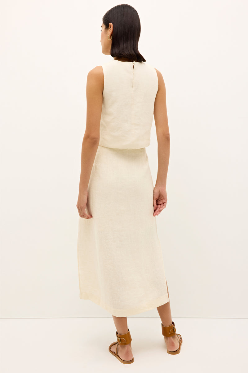 Neutral toned skirt with all over colorful embroidery and clean hemline