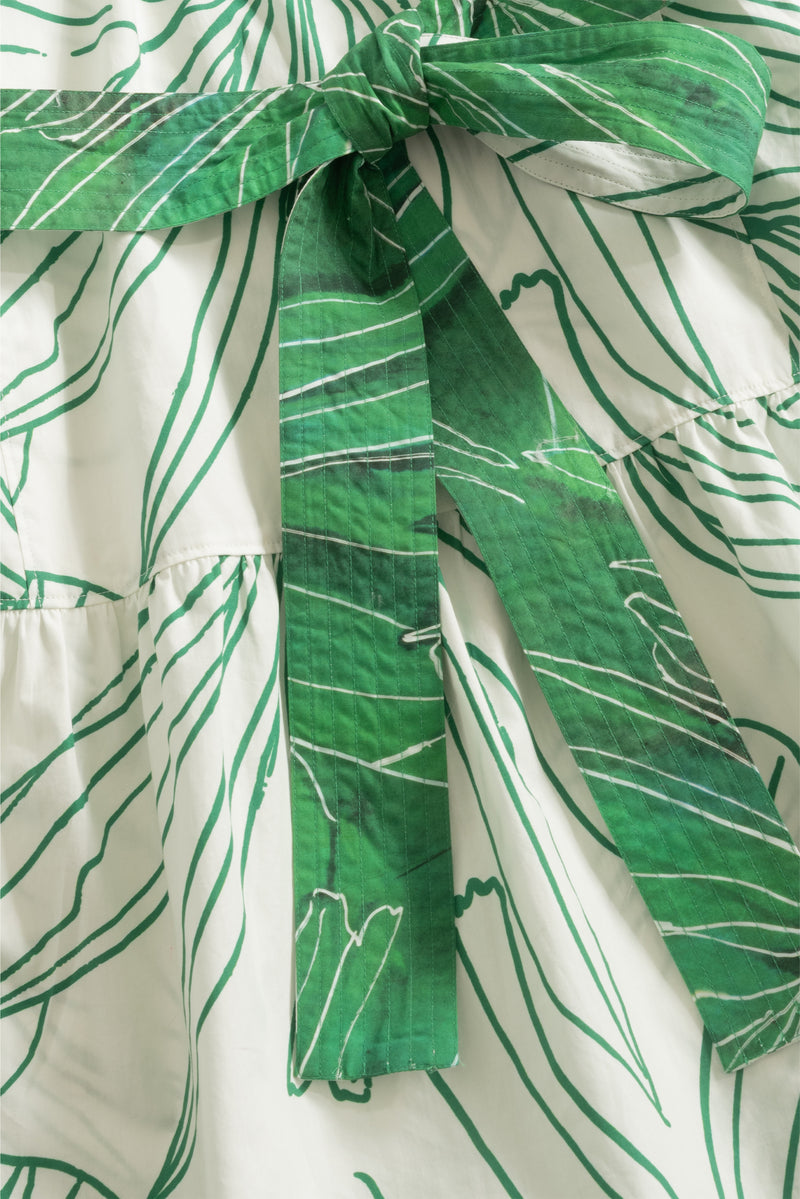 Green and white tiered dress with reversible belt