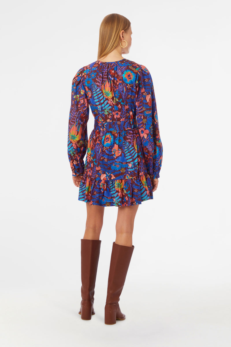 Dark purple floral mini dress with asymmetrical tiers