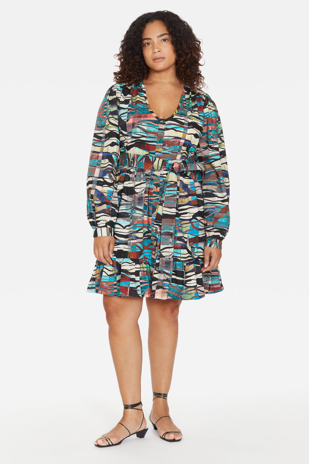Multi-colored wavy print button-down dress with tie belt