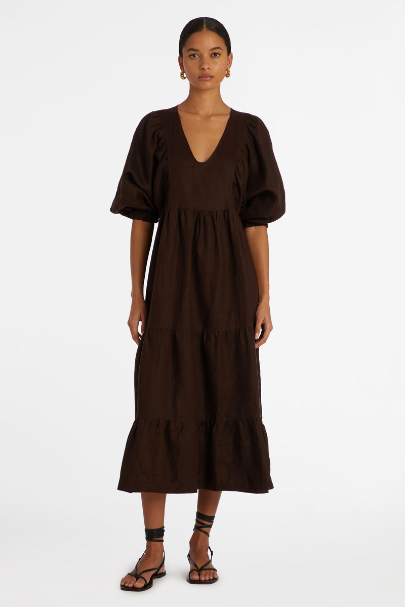 Midi dress with short puff sleeves and a rounded v-neckline