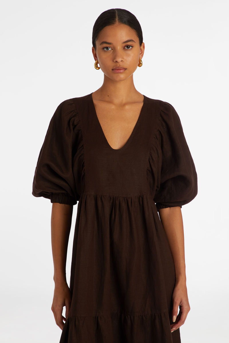 V-neck linen brown dress