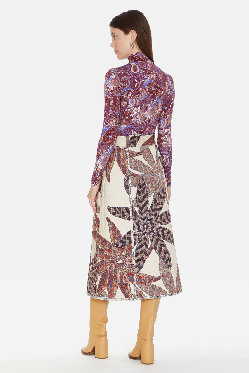 Seam zipper and tie belt patterned midi length skirt 