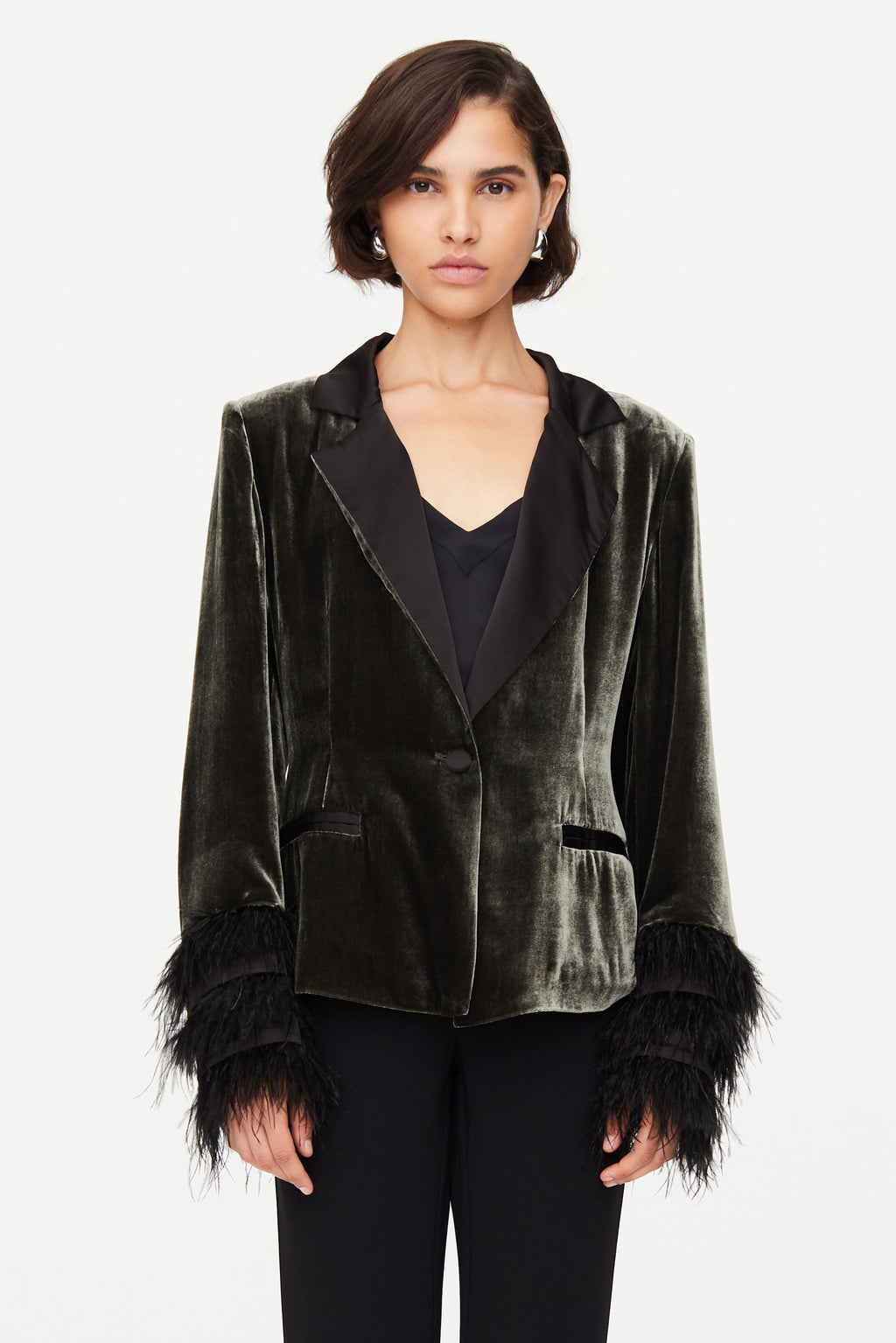 Solid army green velvet blazer 