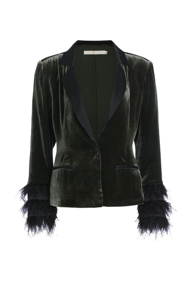 Army green velvet blazer with feather details on the cuffs