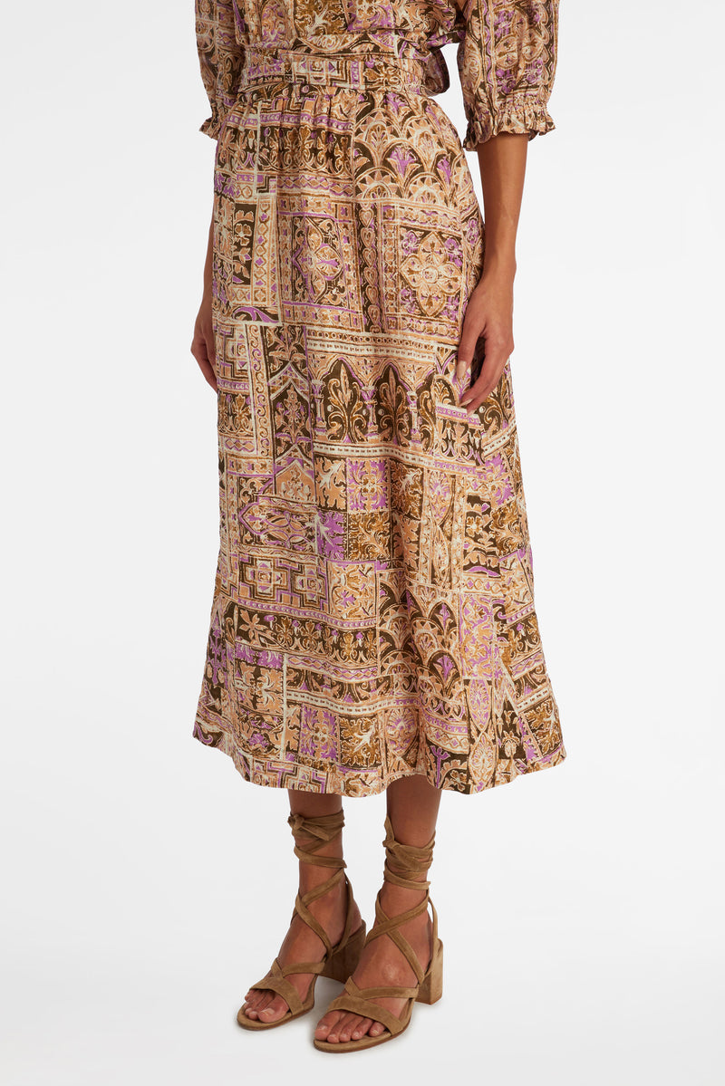 Wrap skirt in a purple and tan color 