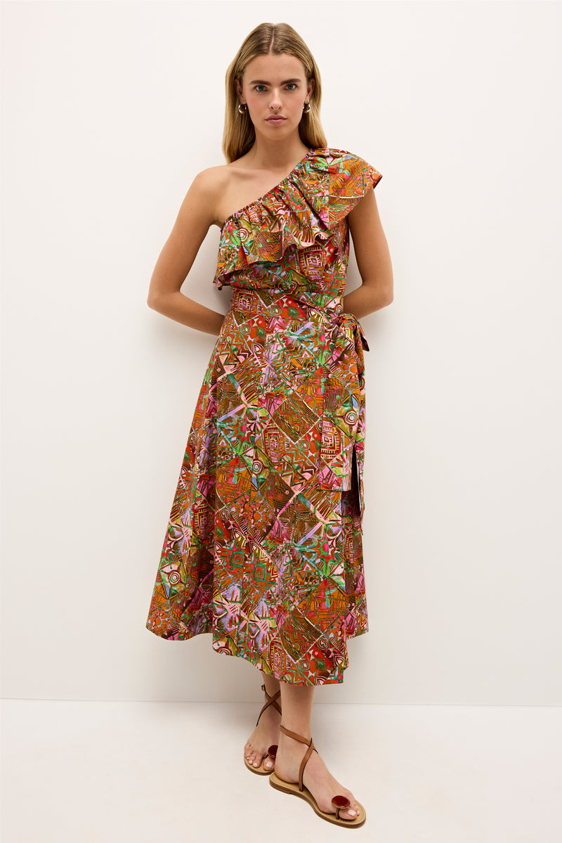 A-line wrap skirt with bold multicolor tribal print and side bow detail 