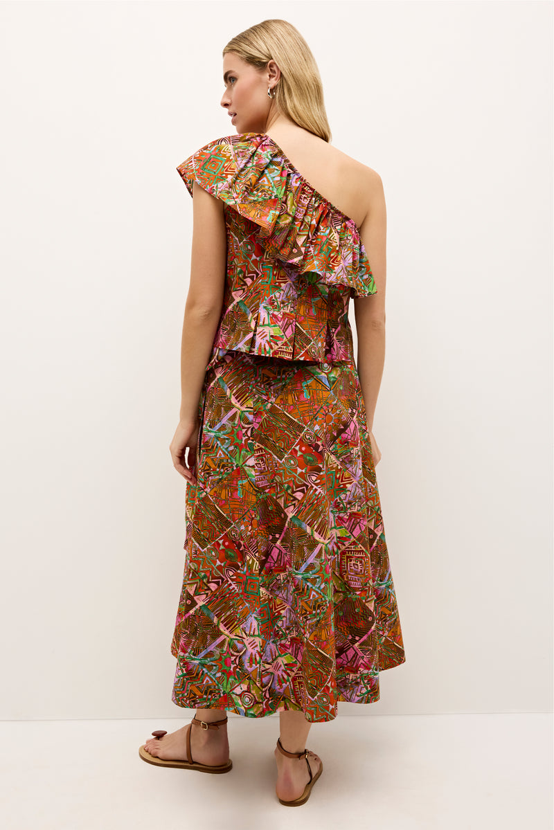 Colorful wrap skirt in abstract geometric print with a flared silhouette 