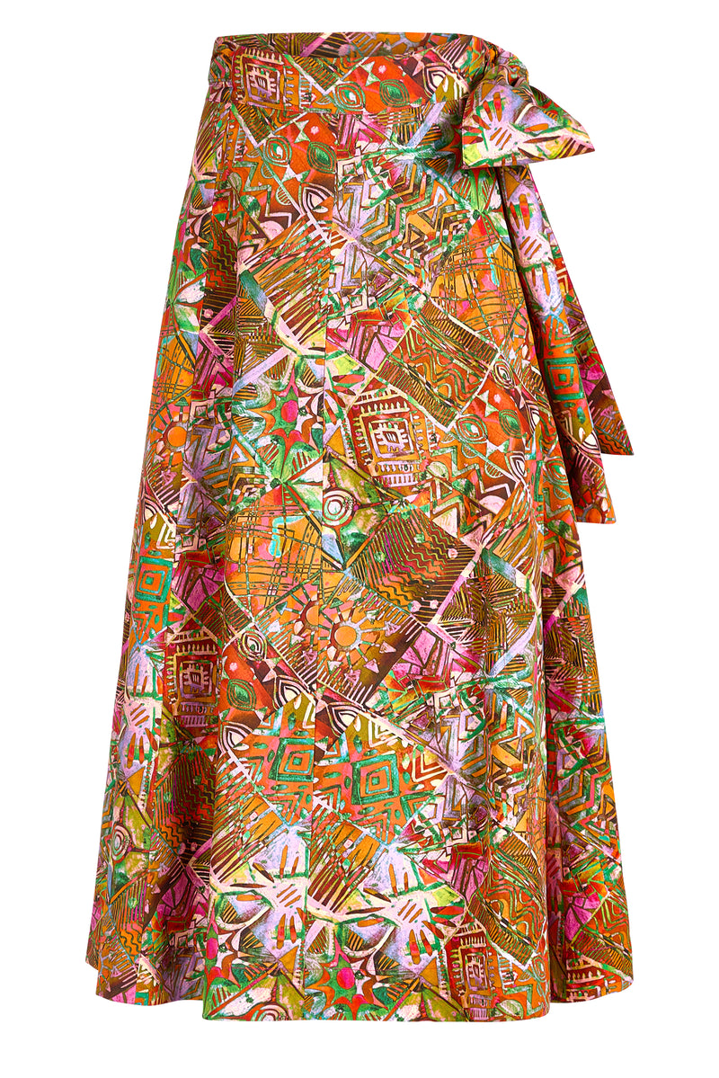 Brightly patterned skirt with wrap-around closure and artistic patchwork look 