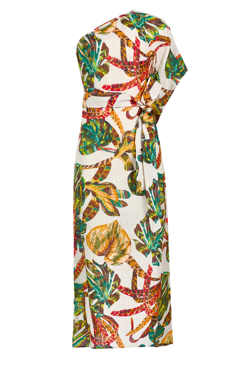 Elegant one shoulder dress with vivd green, red, and yellow foliage print. 