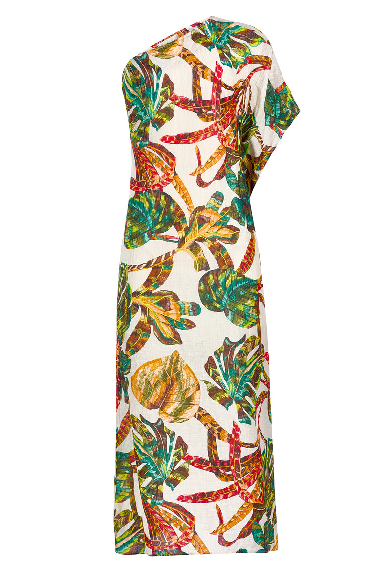 One shoulder dress with a relaxed fit and tropical print 