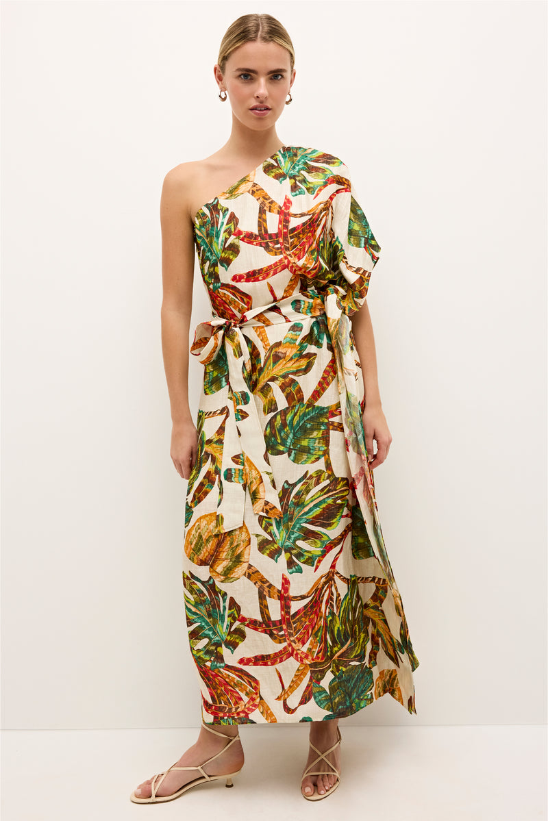 One shoulder midi dress with bold tropical leaf print in multicolor tones 
