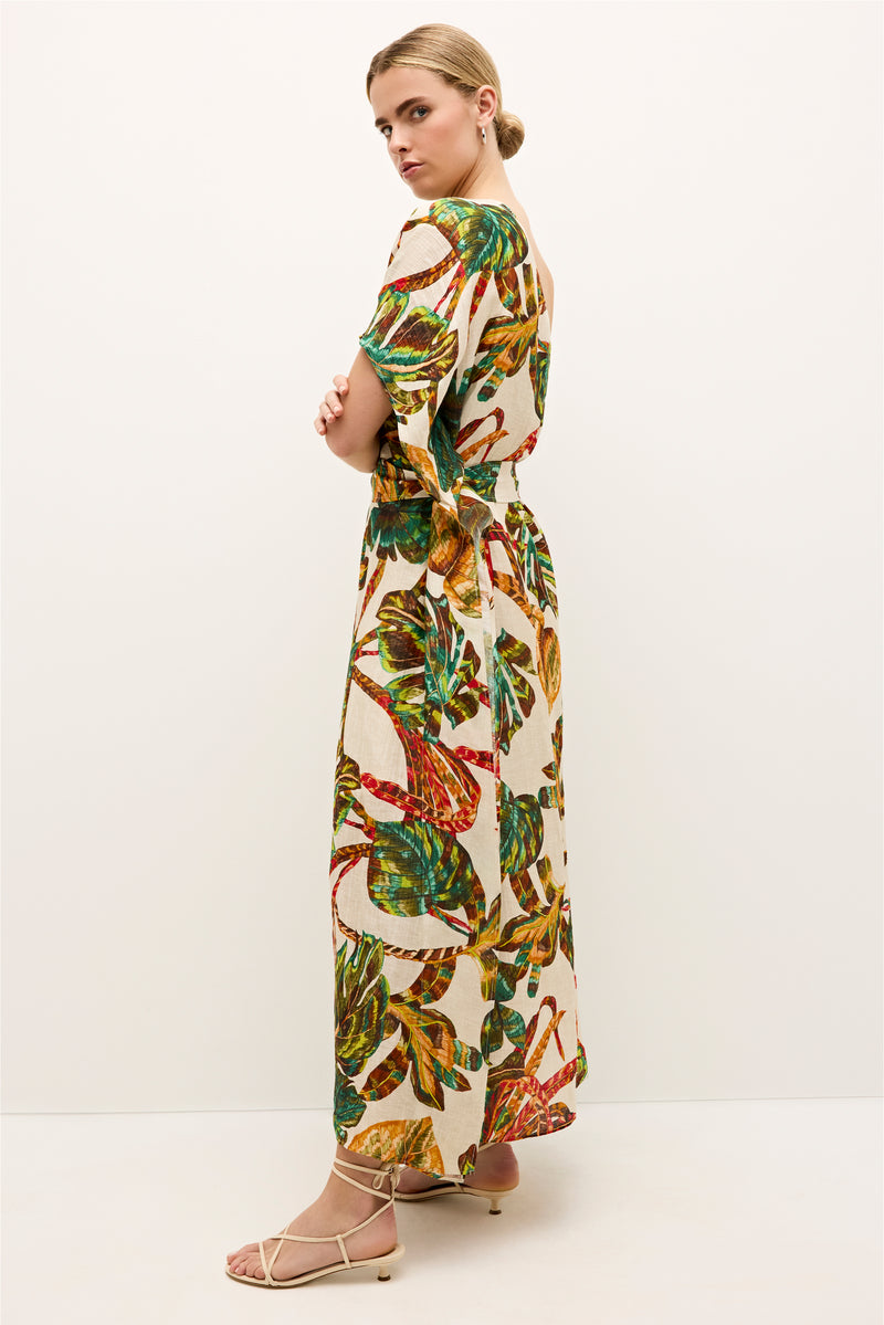 Sleeveless printed dress with gathered detailing and rich earthy hues 