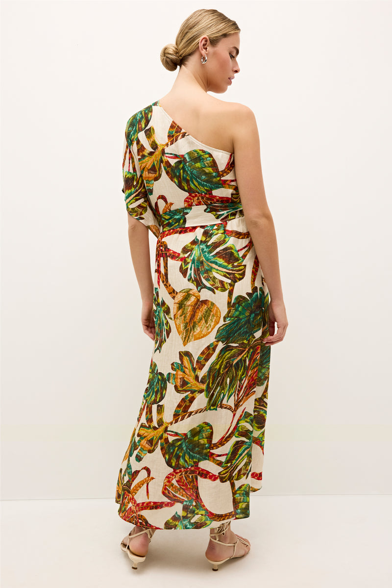 Colorful leaf patterned dress with a tie waist and dramatic shoulder detail 