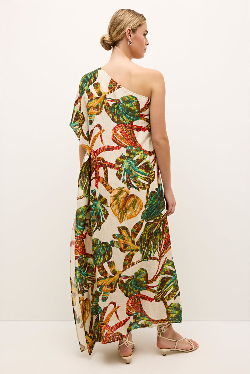 Flowy midi dress in cream base with oversized jungle inspired prints 