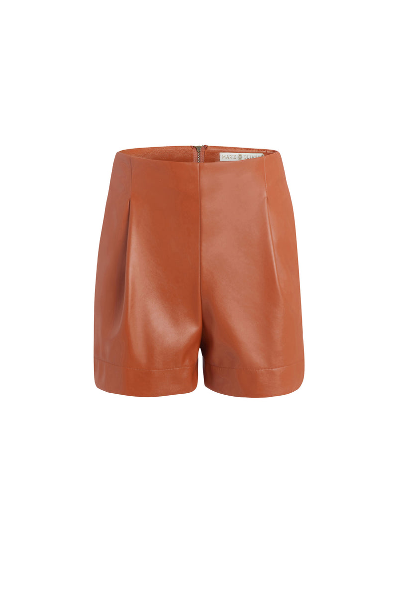 Light brown leather shorts with functional pockets