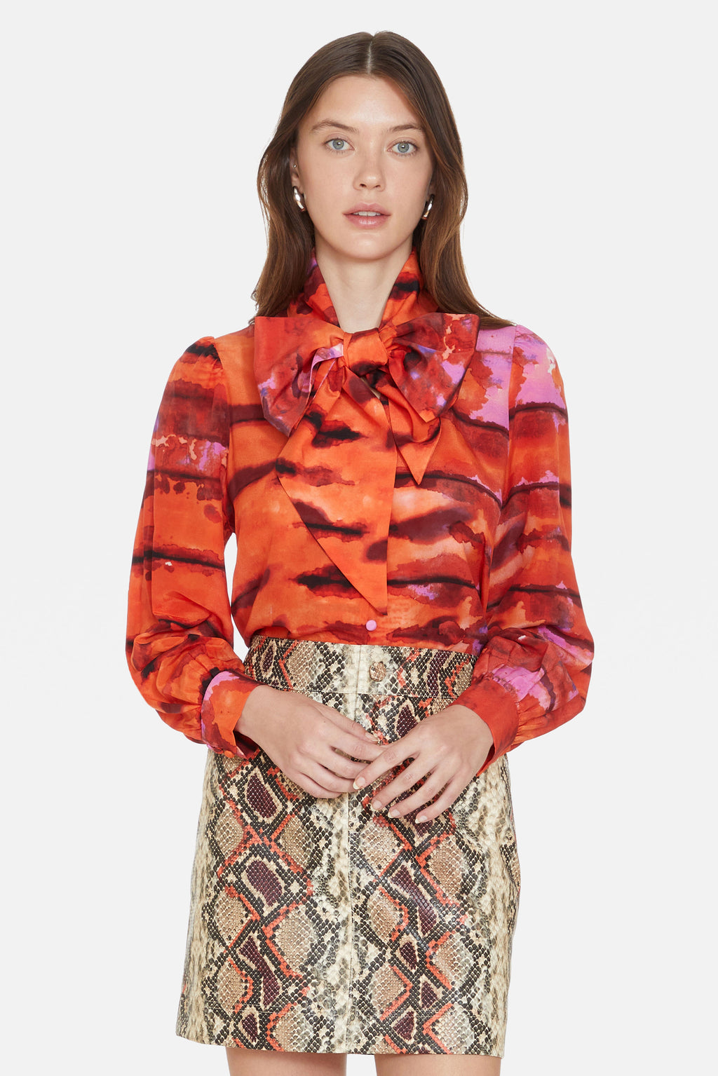 Sunset water-colored button closure top with oversized bow
