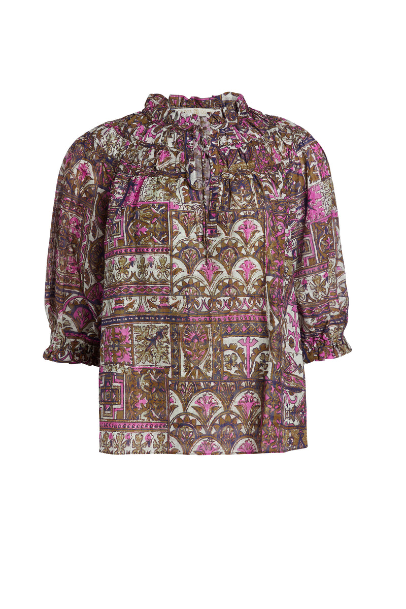 pink and tan top with adjustable v-neckline 