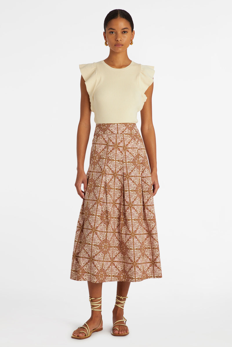 Straight skirt in a pink and brown mosaic tile printed