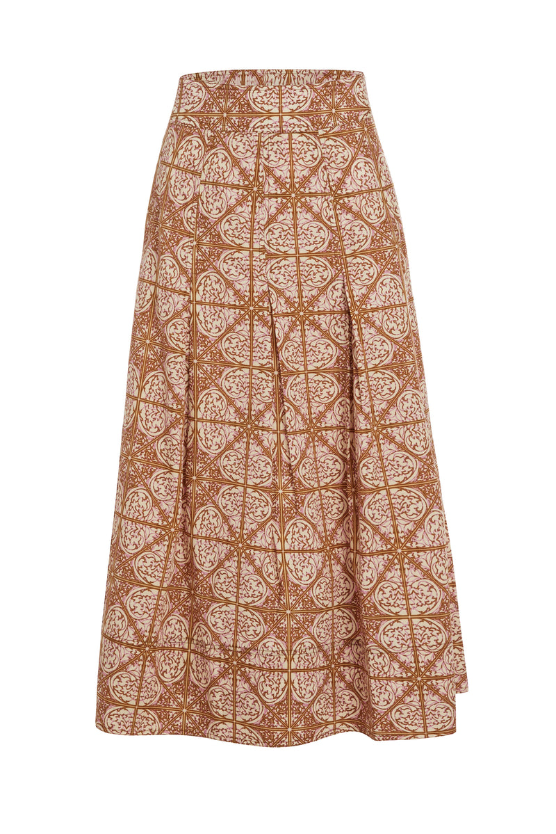 Straight skirt in a pink and brown mosaic tile printed