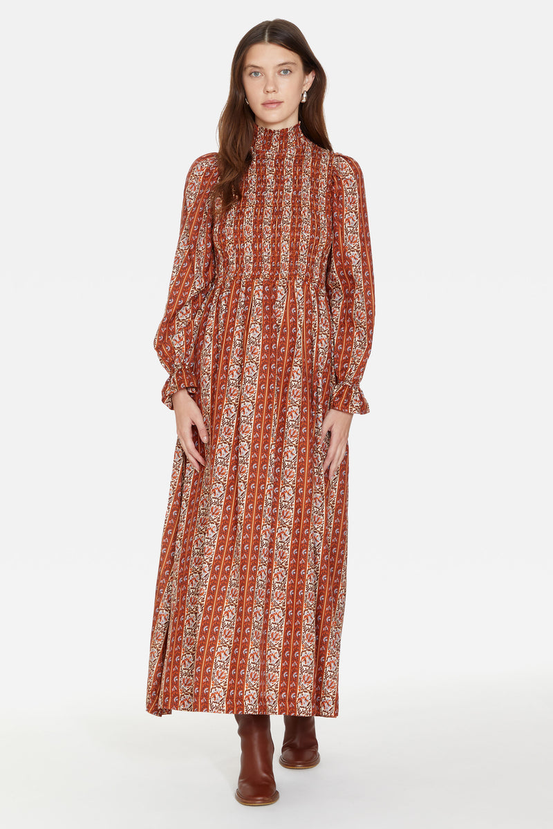 Mock neck midi length long sleeve pattern dress 