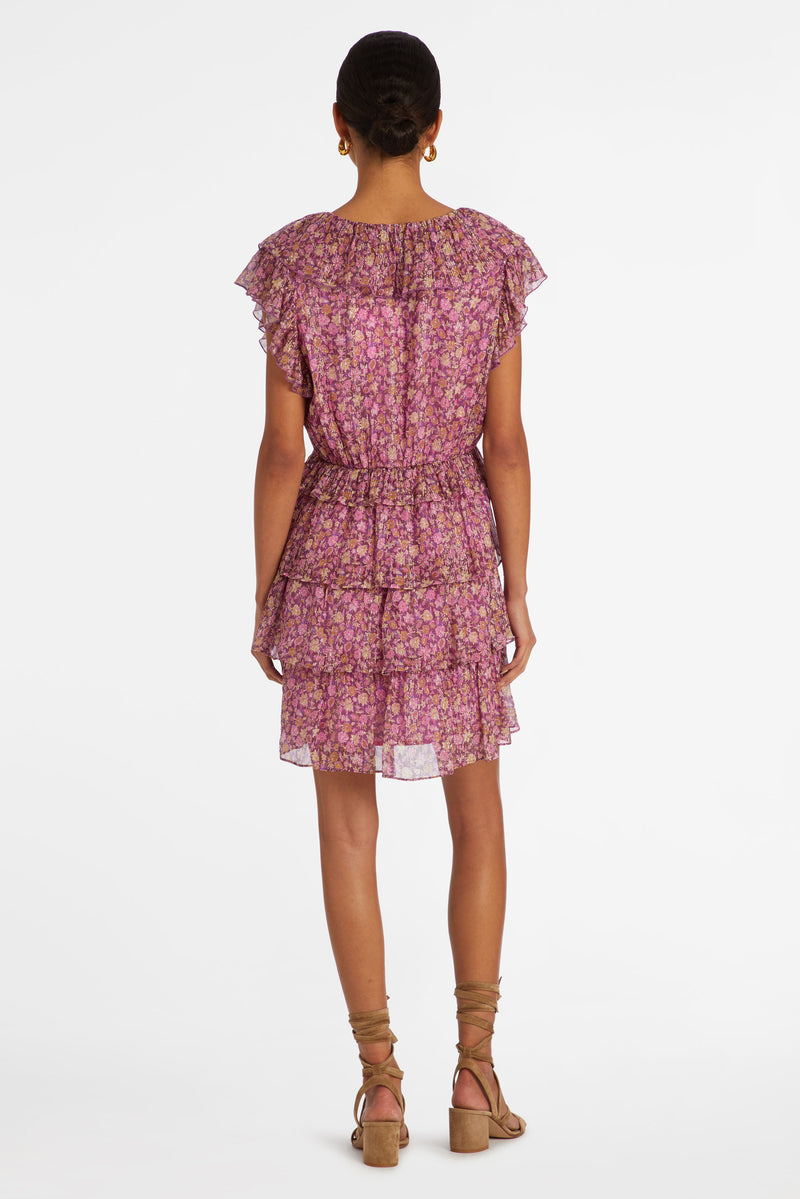 Pink floral mini dress with short ruffle sleeves