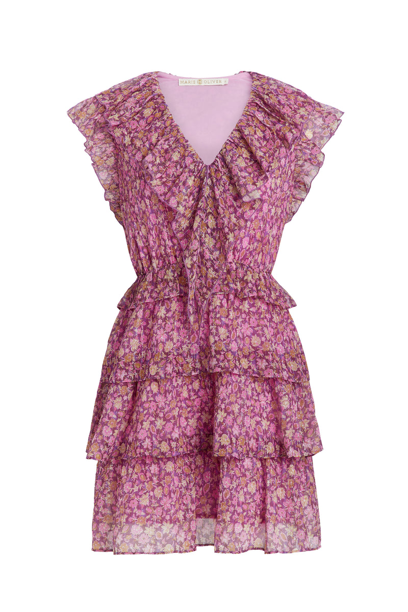 Short dress with short ruffle sleeves in a pink floral print